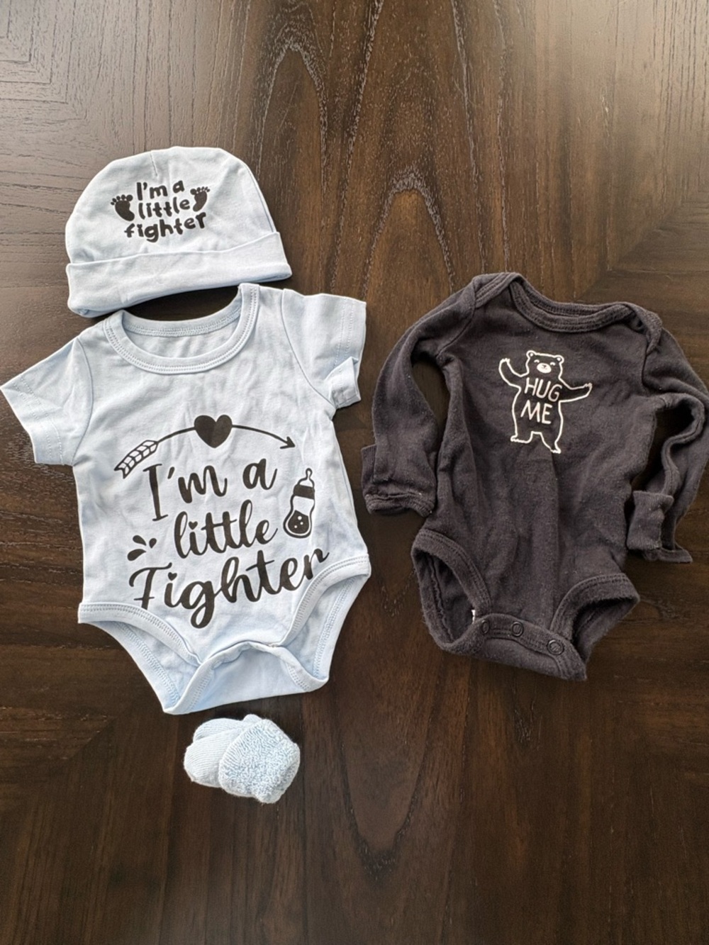 Carter’s Preemie Baby Bundle 2 Onesies Hat Socks “Little Fighter”